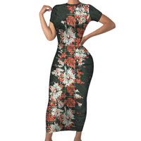 Hawaii Tartan With Hibiscus Short Sleeve Bodycon Dress Polynesian Pattern Vintage