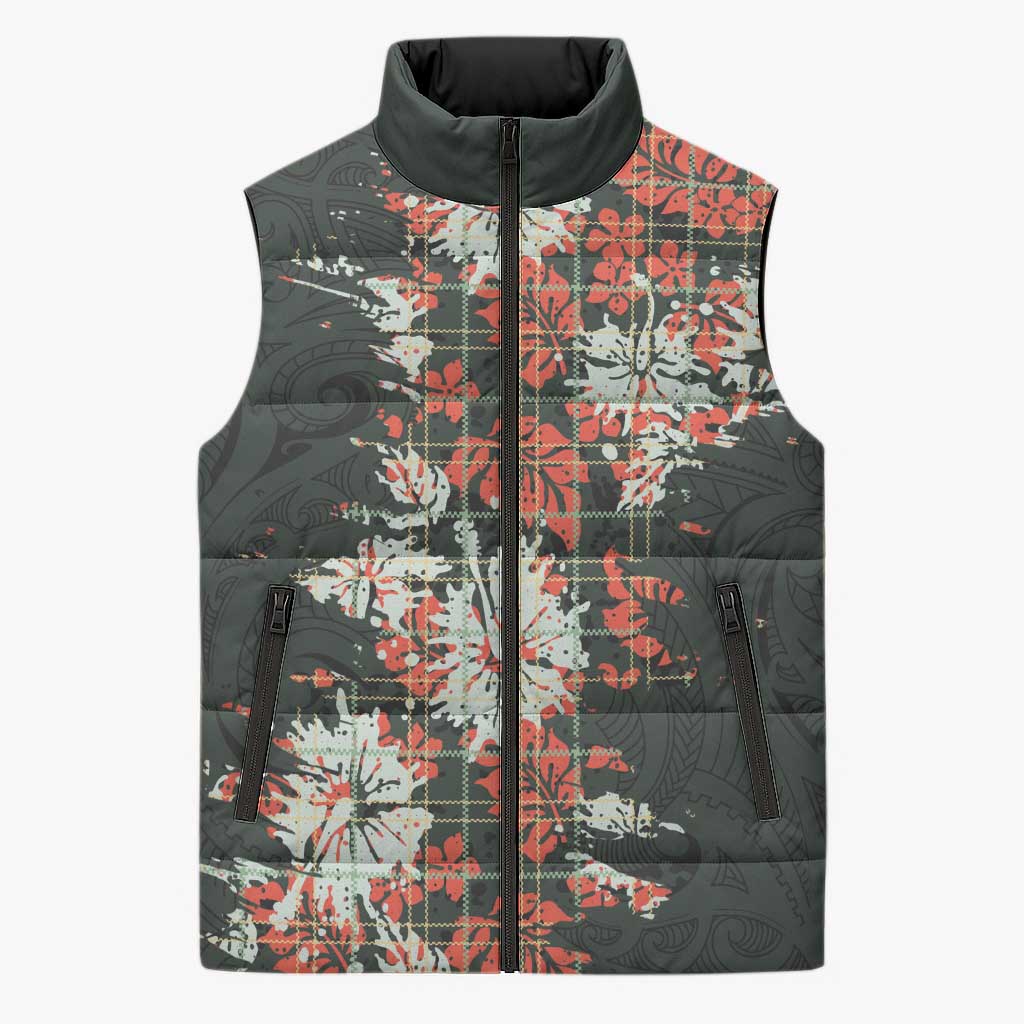 Hawaii Tartan With Hibiscus Sleeveless Puffer Jacket Polynesian Pattern Vintage LT9 Unisex Dark Green - Polynesian Pride