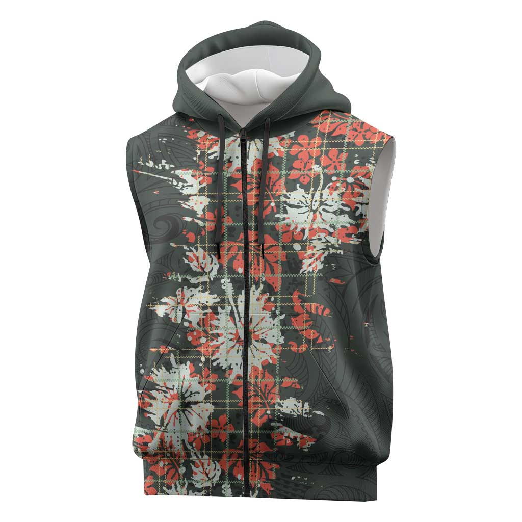 Hawaii Tartan With Hibiscus Sleeveless Zip Hoodie Polynesian Pattern Vintage LT9 Dark Green - Polynesian Pride