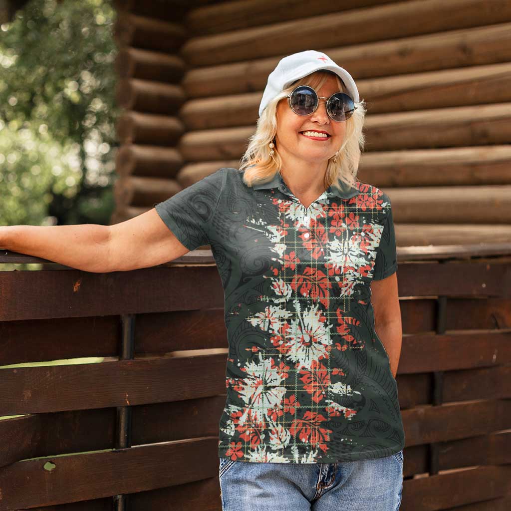 Hawaii Tartan With Hibiscus Women Polo Shirt Polynesian Pattern Vintage