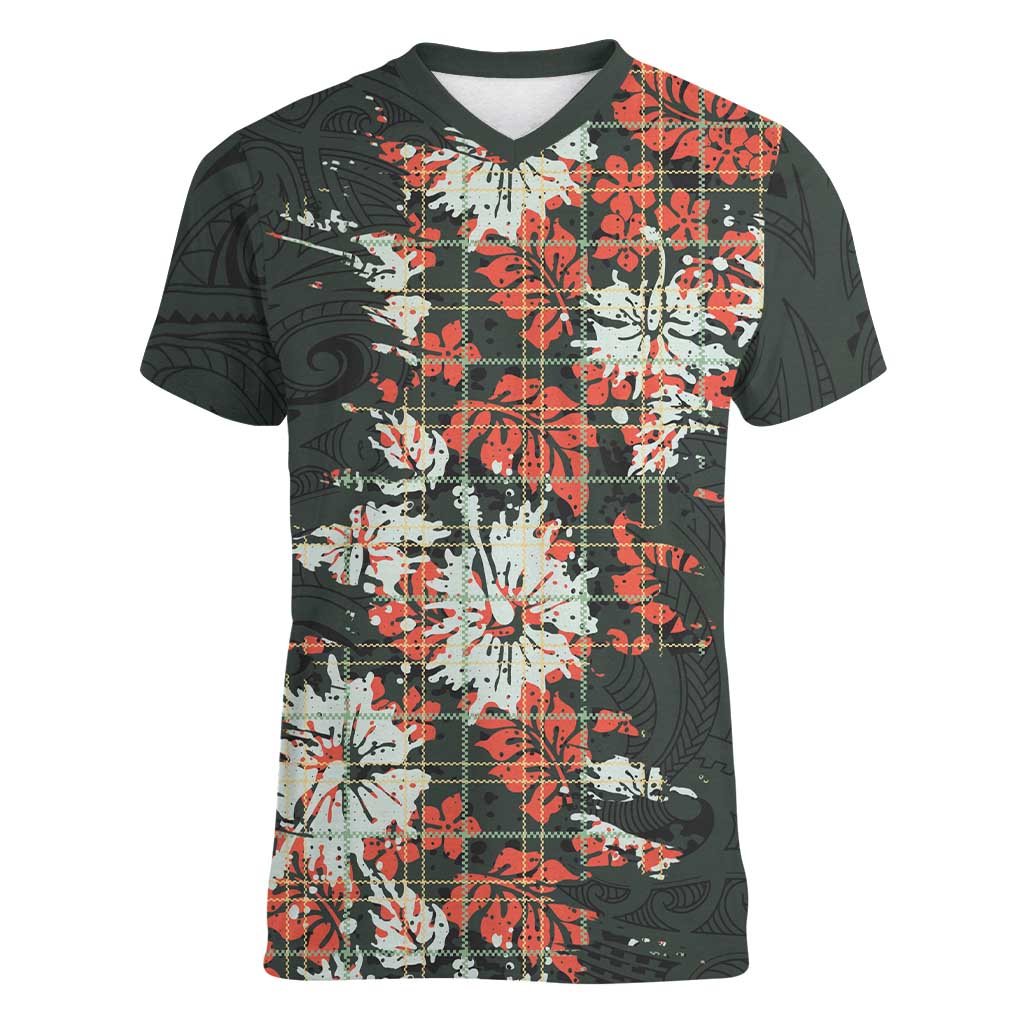 Hawaii Tartan With Hibiscus Women V-Neck T-Shirt Polynesian Pattern Vintage LT9 Female Dark Green - Polynesian Pride