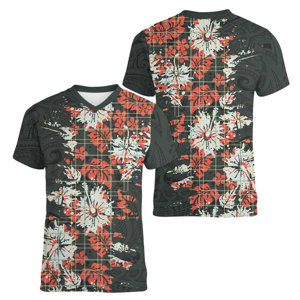 Hawaii Tartan With Hibiscus Women V-Neck T-Shirt Polynesian Pattern Vintage LT9 - Polynesian Pride