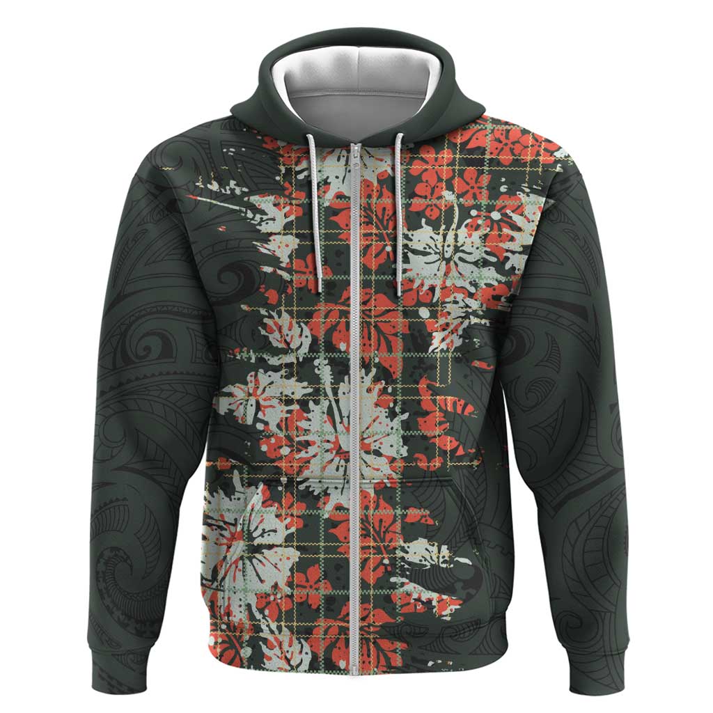 Hawaii Tartan With Hibiscus Zip Hoodie Polynesian Pattern Vintage