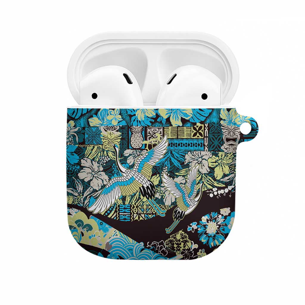Japanese Hawaiian Crane AirPods Case Blue Tapa Patchwork Pattern LT9 Blue - Polynesian Pride