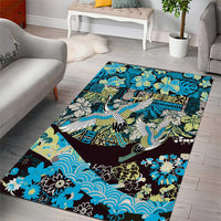 Japanese Hawaiian Crane Area Rug Blue Tapa Patchwork Pattern LT9 - Polynesian Pride