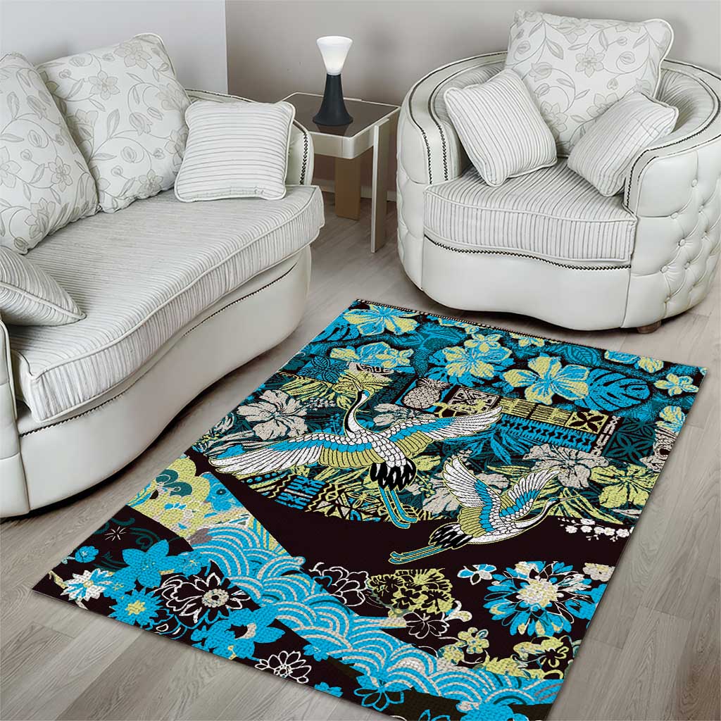 Japanese Hawaiian Crane Area Rug Blue Tapa Patchwork Pattern LT9 - Polynesian Pride