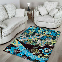 Japanese Hawaiian Crane Area Rug Blue Tapa Patchwork Pattern LT9 - Polynesian Pride