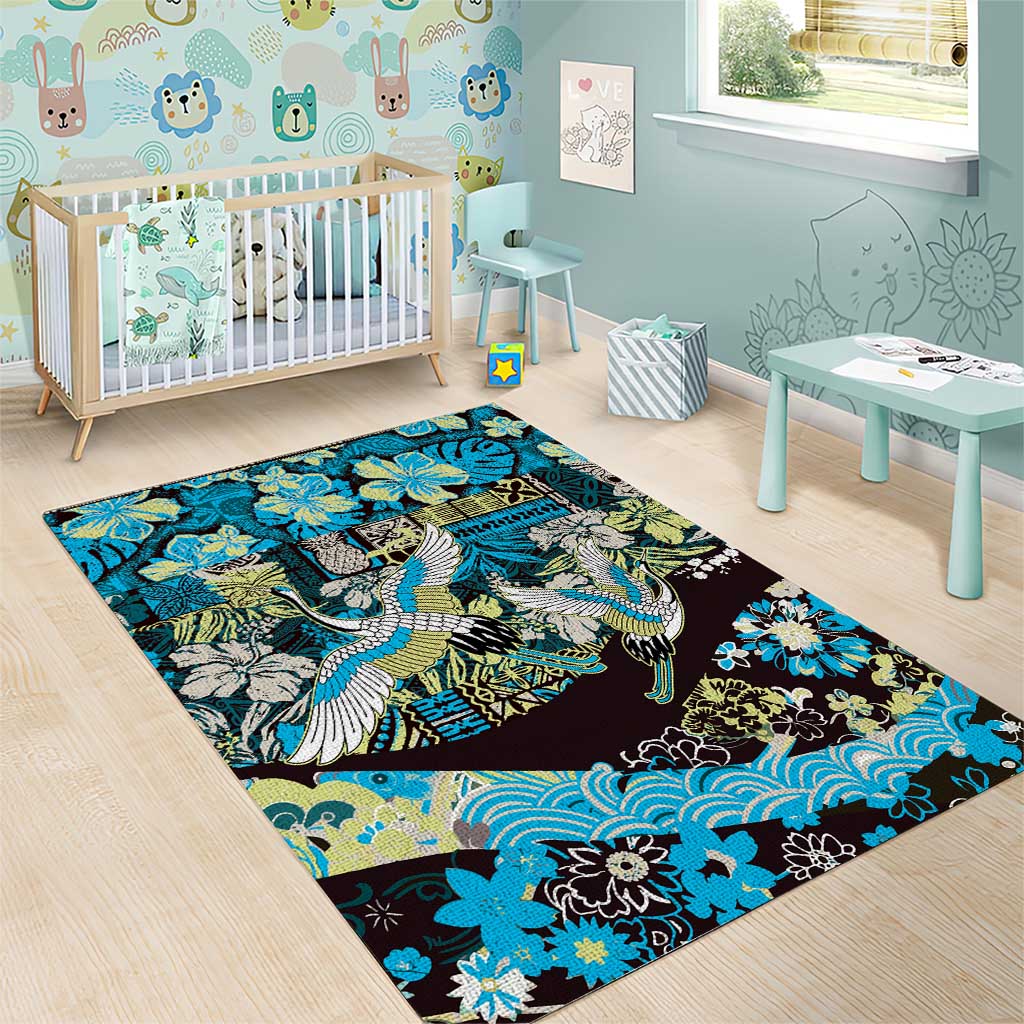 Japanese Hawaiian Crane Area Rug Blue Tapa Patchwork Pattern LT9 - Polynesian Pride