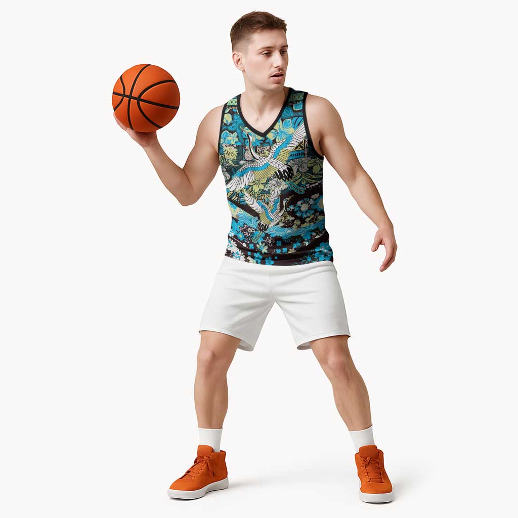 Japanese Hawaiian Crane Basketball Jersey Blue Tapa Patchwork Pattern LT9 - Polynesian Pride