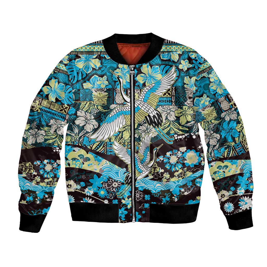 Japanese Hawaiian Crane Bomber Jacket Blue Tapa Patchwork Pattern LT9 Unisex Blue - Polynesian Pride