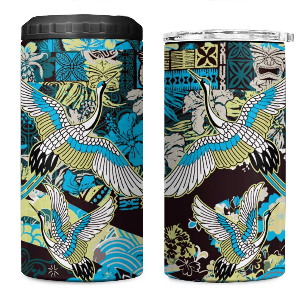 Japanese Hawaiian Crane 4 in 1 Can Cooler Tumbler Blue Tapa Patchwork Pattern