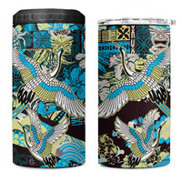 Japanese Hawaiian Crane 4 in 1 Can Cooler Tumbler Blue Tapa Patchwork Pattern