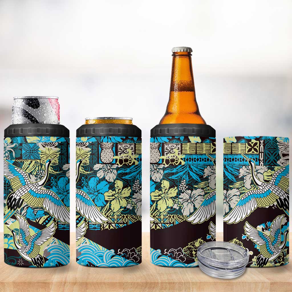 Japanese Hawaiian Crane 4 in 1 Can Cooler Tumbler Blue Tapa Patchwork Pattern