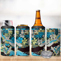 Japanese Hawaiian Crane 4 in 1 Can Cooler Tumbler Blue Tapa Patchwork Pattern