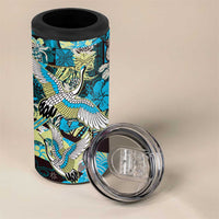 Japanese Hawaiian Crane 4 in 1 Can Cooler Tumbler Blue Tapa Patchwork Pattern