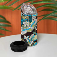Japanese Hawaiian Crane 4 in 1 Can Cooler Tumbler Blue Tapa Patchwork Pattern