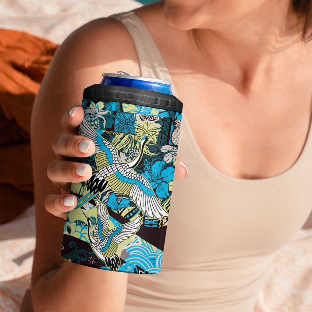Japanese Hawaiian Crane 4 in 1 Can Cooler Tumbler Blue Tapa Patchwork Pattern