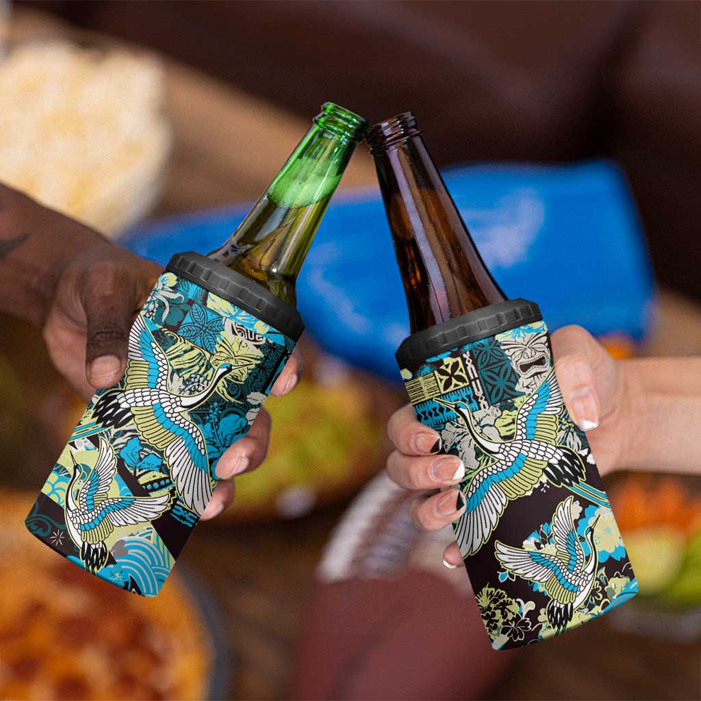 Japanese Hawaiian Crane 4 in 1 Can Cooler Tumbler Blue Tapa Patchwork Pattern
