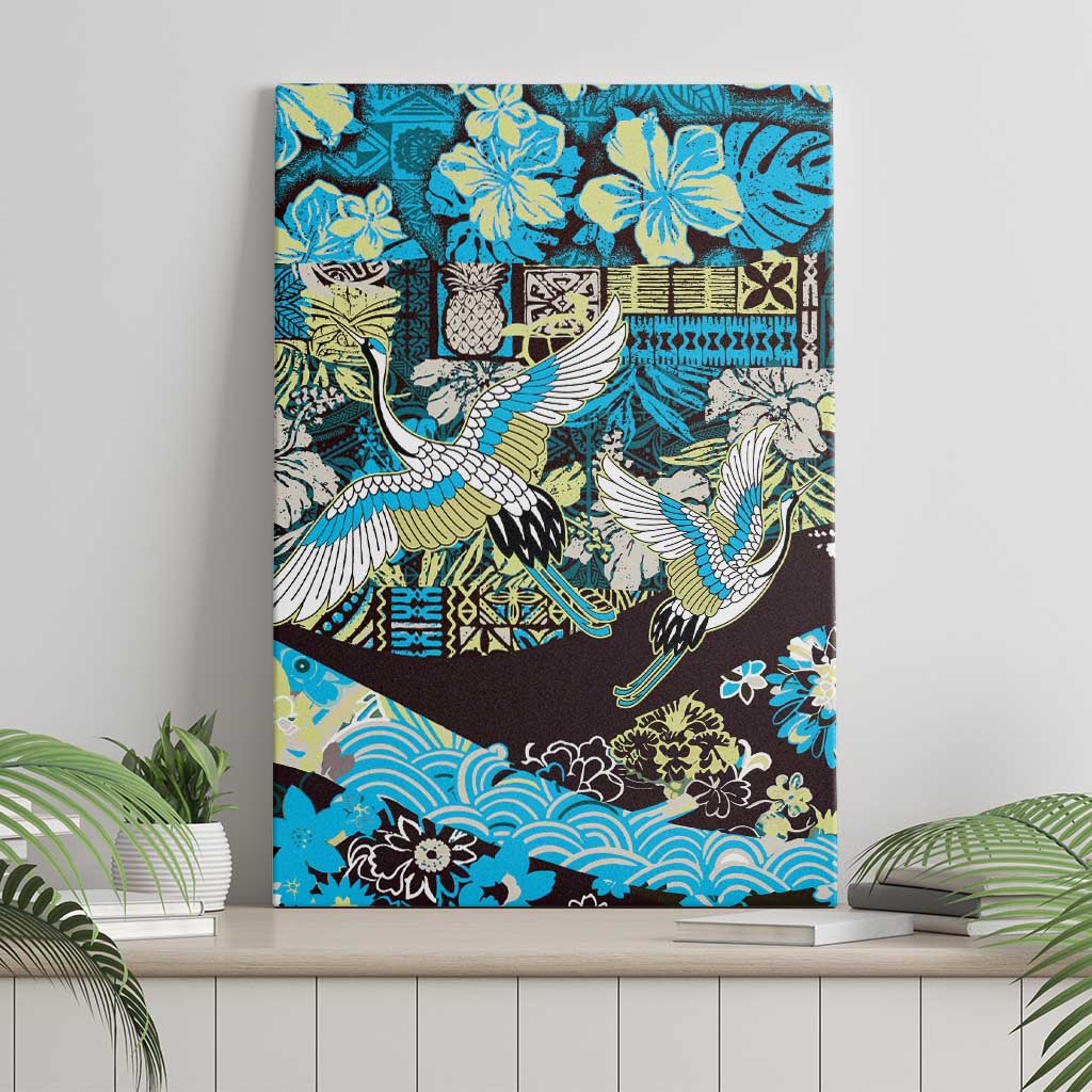 Japanese Hawaiian Crane Canvas Wall Art Blue Tapa Patchwork Pattern LT9 - Polynesian Pride