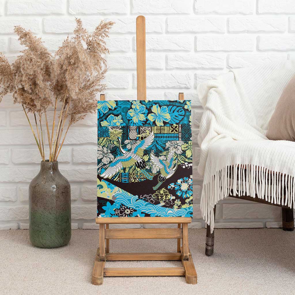 Japanese Hawaiian Crane Canvas Wall Art Blue Tapa Patchwork Pattern LT9 - Polynesian Pride