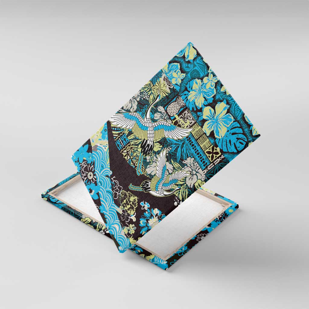 Japanese Hawaiian Crane Canvas Wall Art Blue Tapa Patchwork Pattern LT9 With Frame Blue - Polynesian Pride