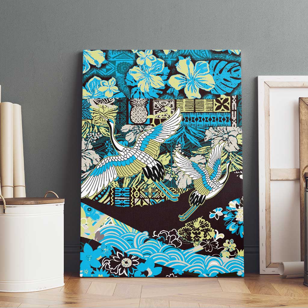 Japanese Hawaiian Crane Canvas Wall Art Blue Tapa Patchwork Pattern LT9 - Polynesian Pride