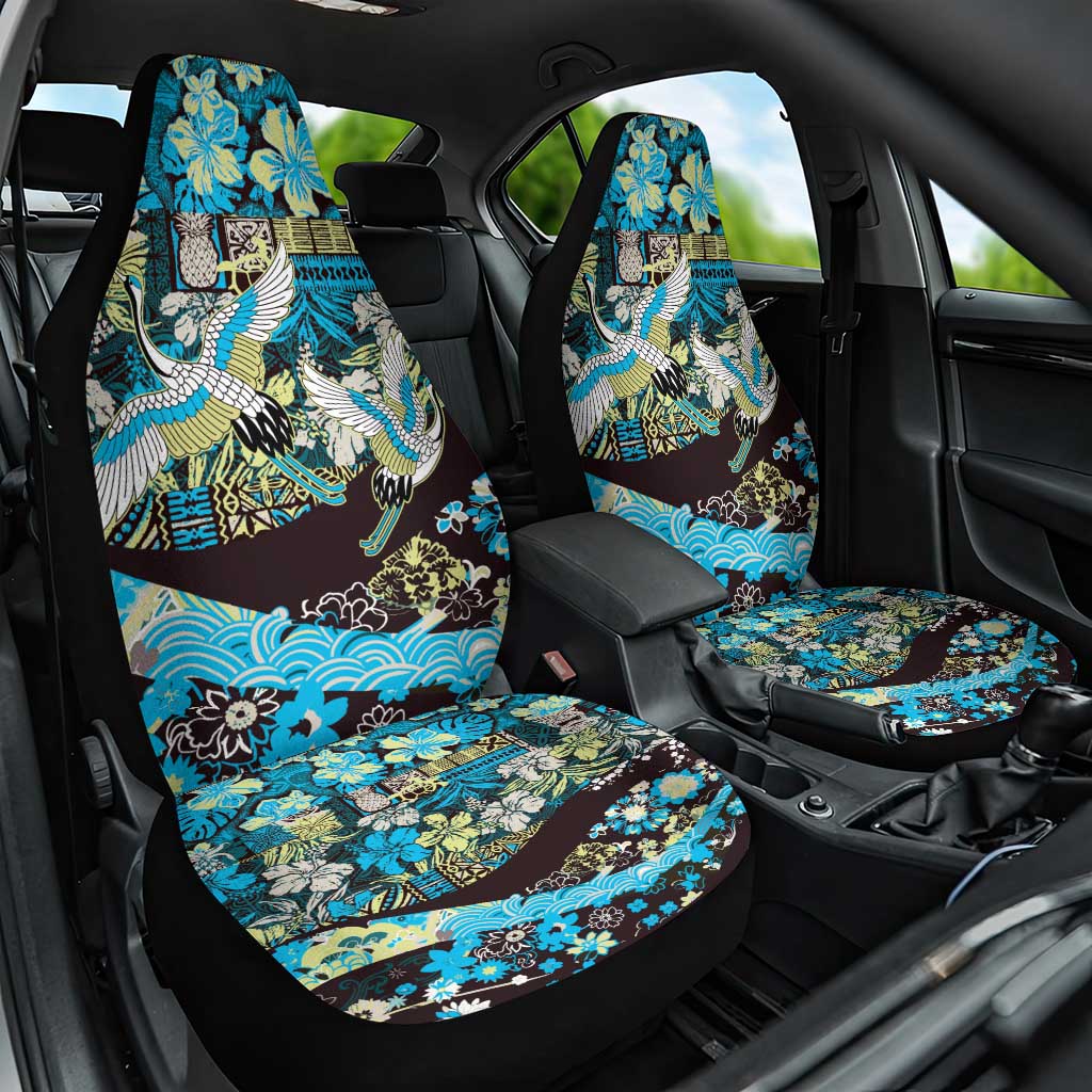 Japanese Hawaiian Crane Car Seat Cover Blue Tapa Patchwork Pattern