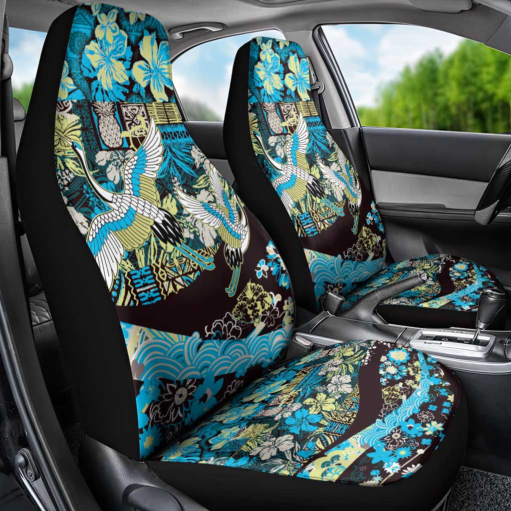 Japanese Hawaiian Crane Car Seat Cover Blue Tapa Patchwork Pattern