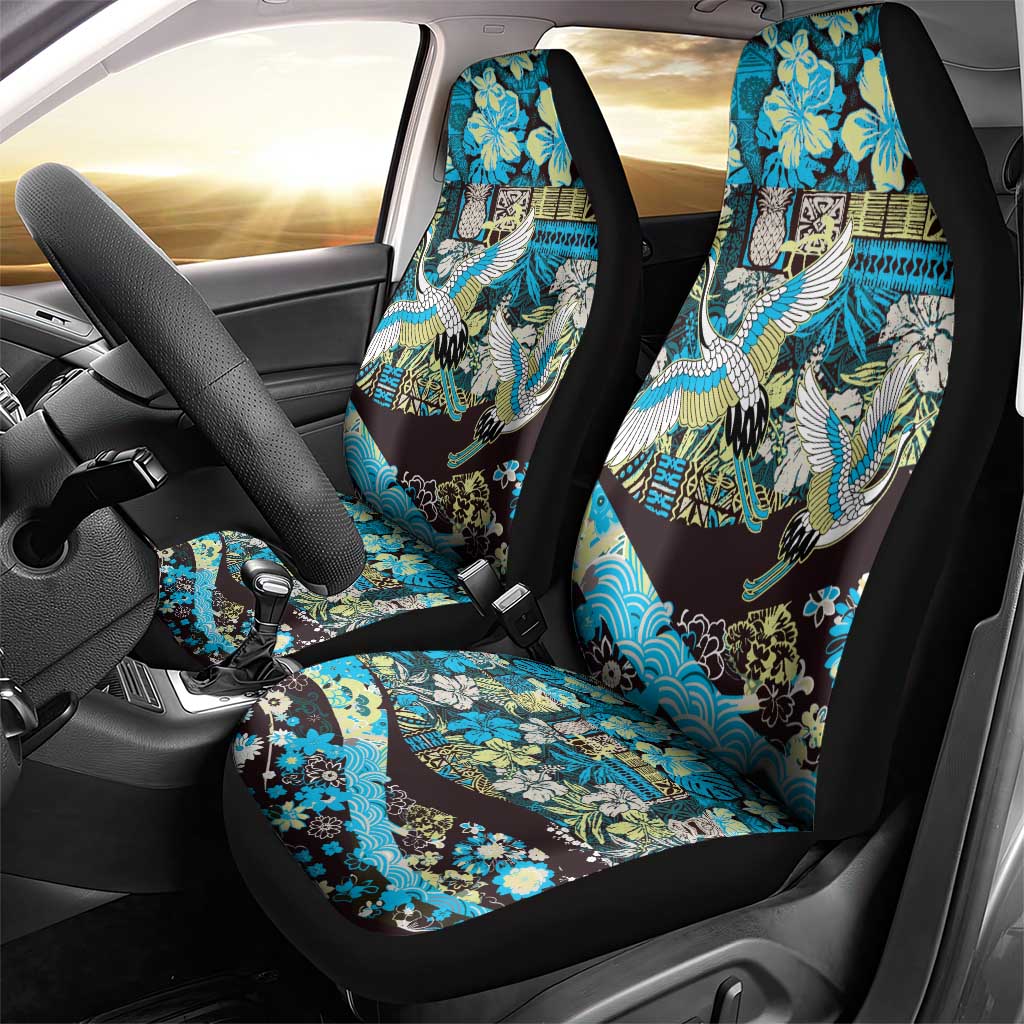 Japanese Hawaiian Crane Car Seat Cover Blue Tapa Patchwork Pattern