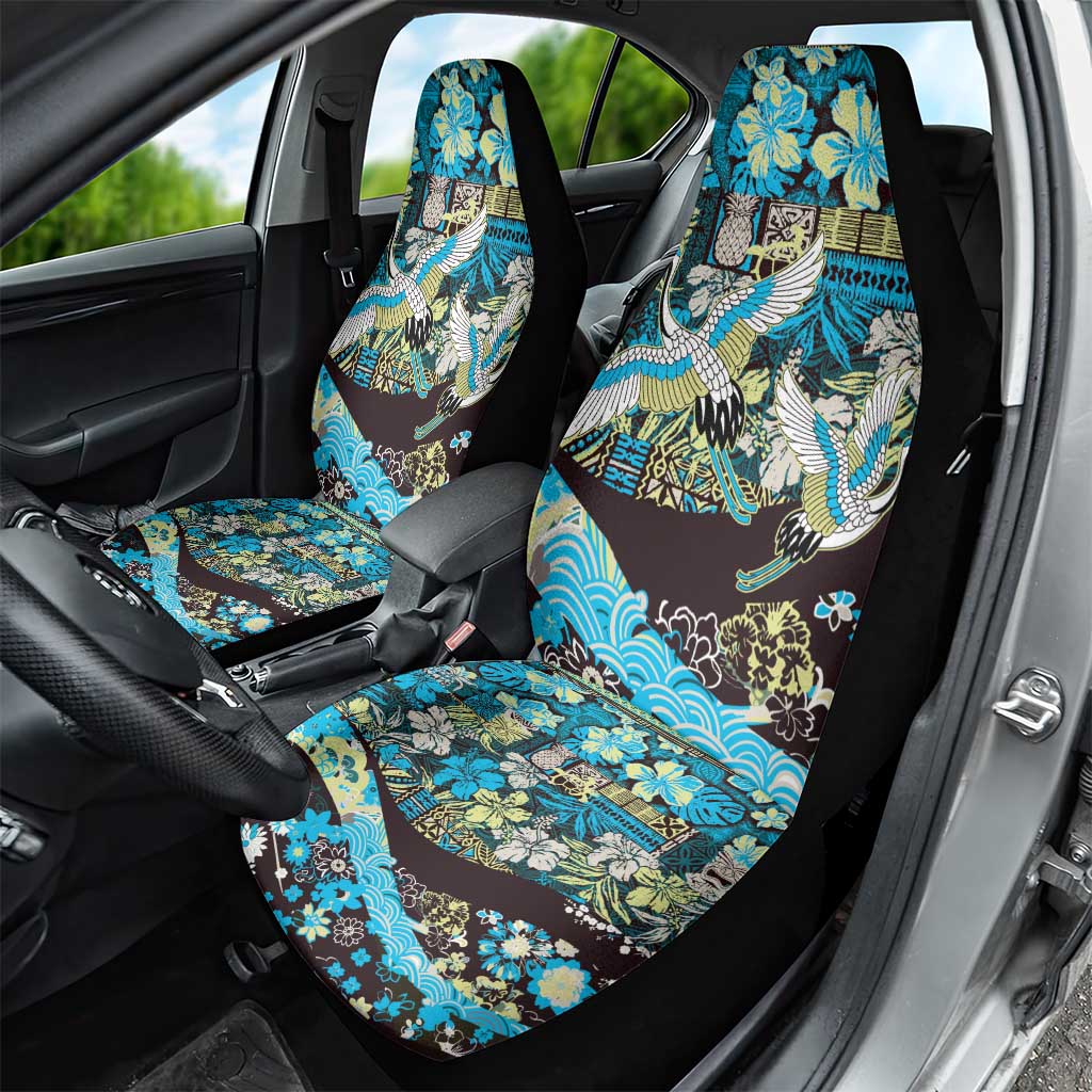 Japanese Hawaiian Crane Car Seat Cover Blue Tapa Patchwork Pattern