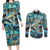 Japanese Hawaiian Crane Couples Matching Long Sleeve Bodycon Dress and Long Sleeve Button Shirt Blue Tapa Patchwork Pattern LT9 Blue - Polynesian Pride
