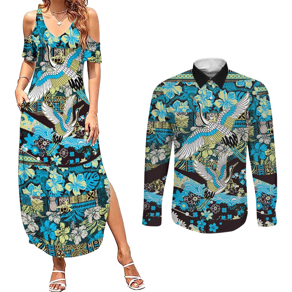 Japanese Hawaiian Crane Couples Matching Summer Maxi Dress and Long Sleeve Button Shirt Blue Tapa Patchwork Pattern LT9 Blue - Polynesian Pride