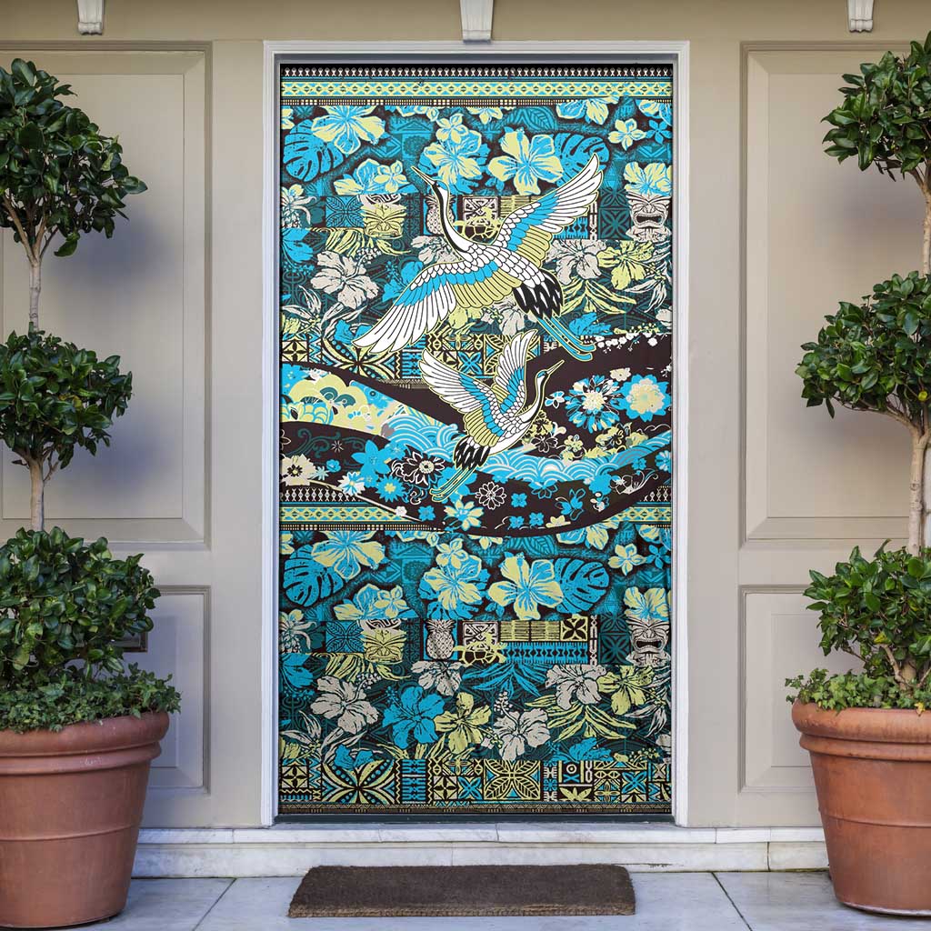 Japanese Hawaiian Crane Door Cover Blue Tapa Patchwork Pattern