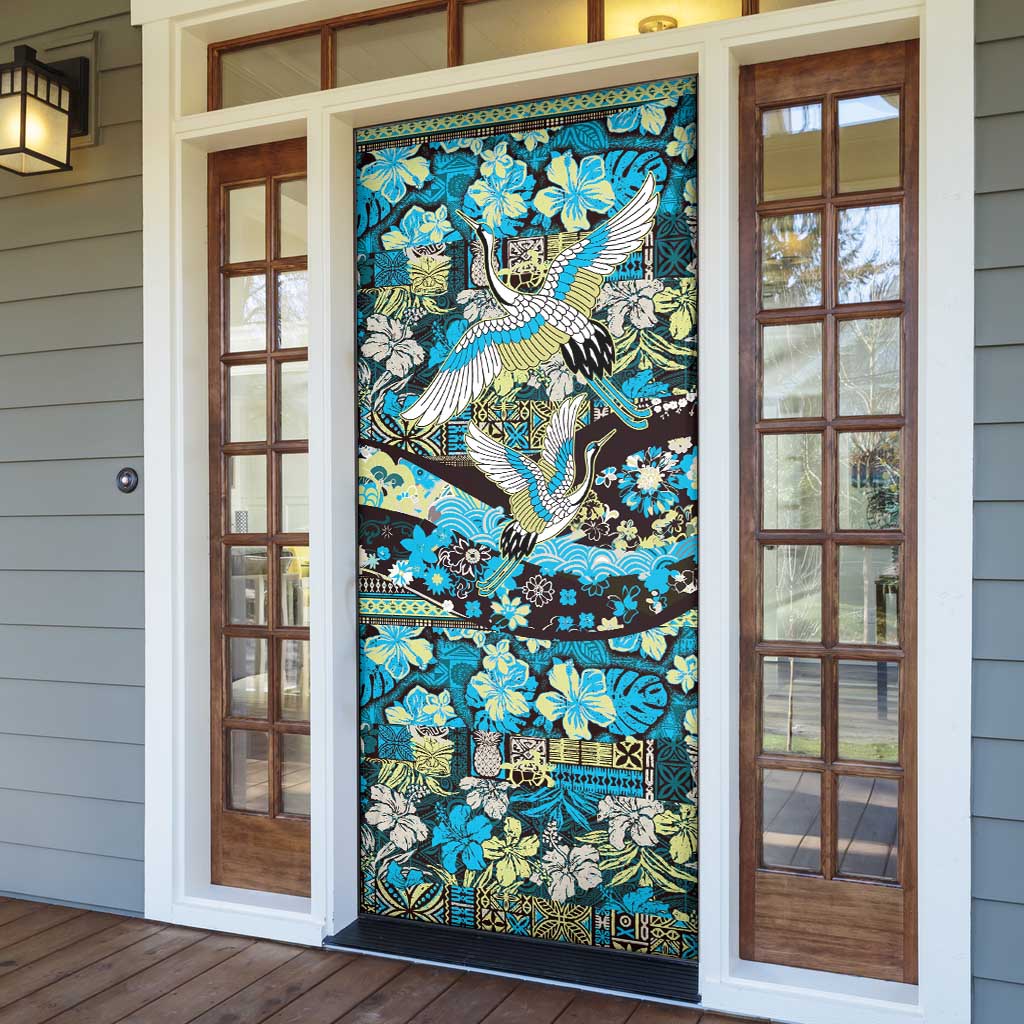 Japanese Hawaiian Crane Door Cover Blue Tapa Patchwork Pattern