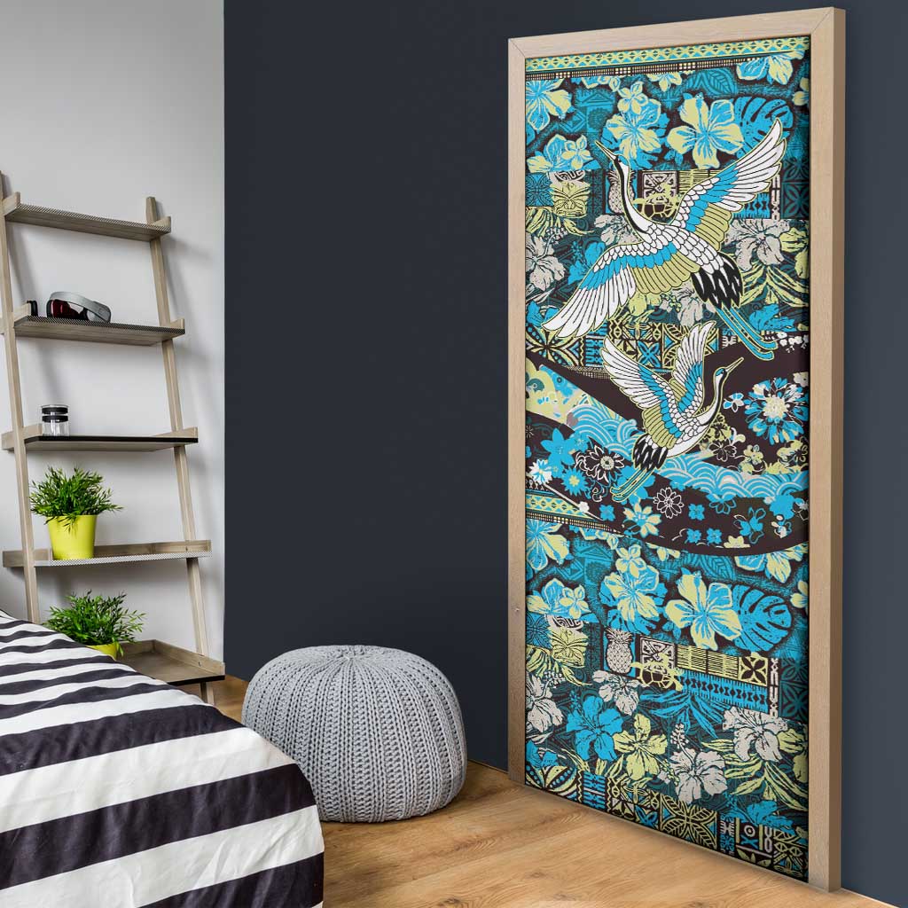 Japanese Hawaiian Crane Door Cover Blue Tapa Patchwork Pattern