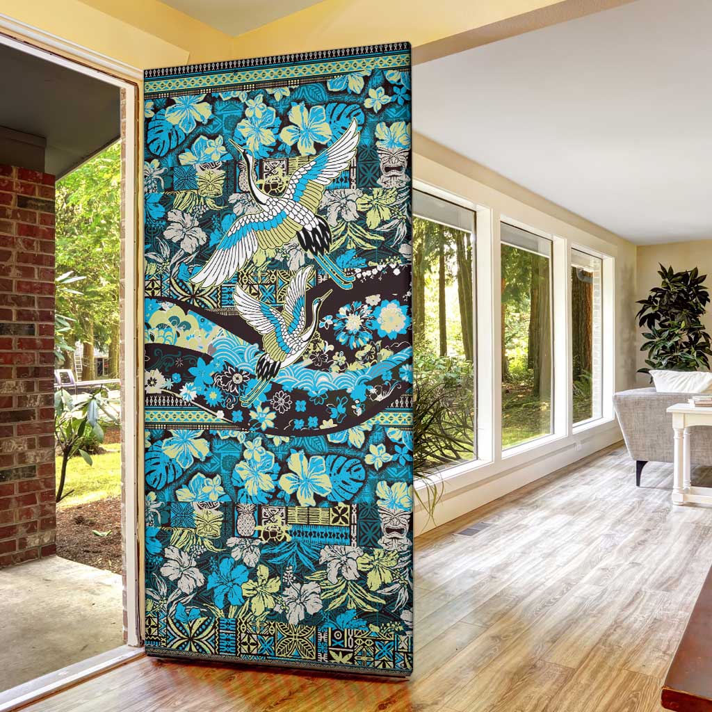 Japanese Hawaiian Crane Door Cover Blue Tapa Patchwork Pattern