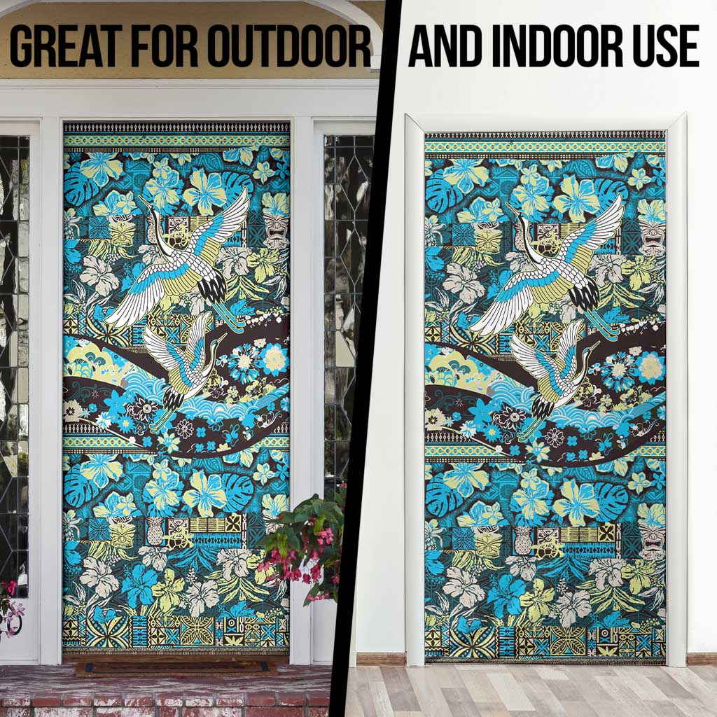 Japanese Hawaiian Crane Door Cover Blue Tapa Patchwork Pattern