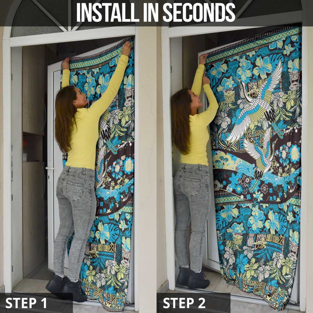 Japanese Hawaiian Crane Door Cover Blue Tapa Patchwork Pattern