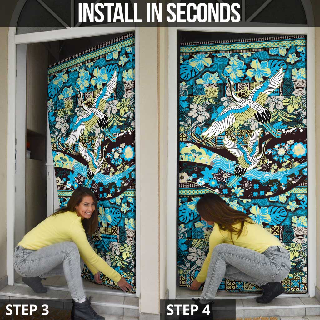 Japanese Hawaiian Crane Door Cover Blue Tapa Patchwork Pattern