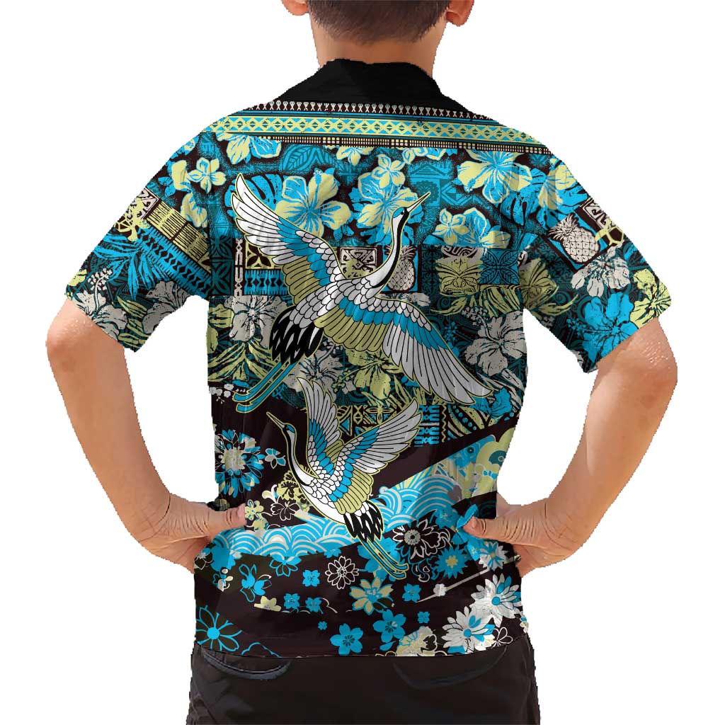 Japanese Hawaiian Crane Family Matching Off The Shoulder Long Sleeve Dress and Hawaiian Shirt Blue Tapa Patchwork Pattern