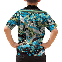 Japanese Hawaiian Crane Family Matching Off The Shoulder Long Sleeve Dress and Hawaiian Shirt Blue Tapa Patchwork Pattern