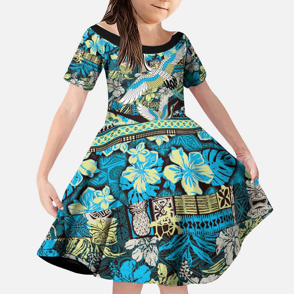 Japanese Hawaiian Crane Family Matching Off The Shoulder Long Sleeve Dress and Hawaiian Shirt Blue Tapa Patchwork Pattern