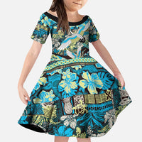 Japanese Hawaiian Crane Family Matching Off The Shoulder Long Sleeve Dress and Hawaiian Shirt Blue Tapa Patchwork Pattern