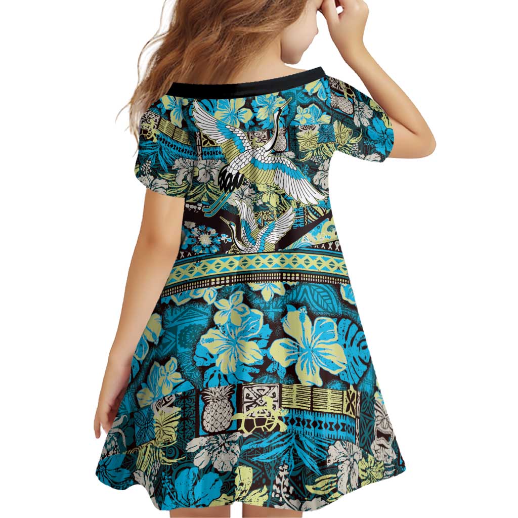 Japanese Hawaiian Crane Family Matching Off The Shoulder Long Sleeve Dress and Hawaiian Shirt Blue Tapa Patchwork Pattern