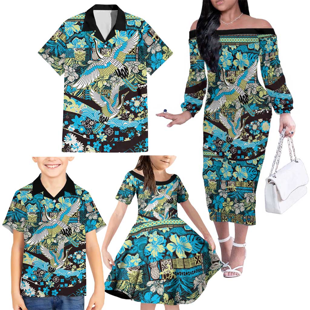 Japanese Hawaiian Crane Family Matching Off The Shoulder Long Sleeve Dress and Hawaiian Shirt Blue Tapa Patchwork Pattern