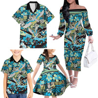 Japanese Hawaiian Crane Family Matching Off The Shoulder Long Sleeve Dress and Hawaiian Shirt Blue Tapa Patchwork Pattern