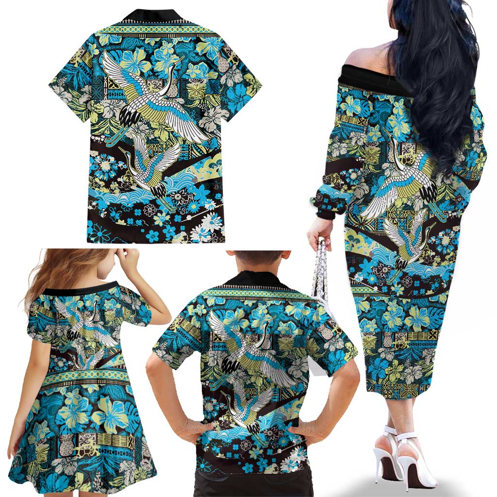 Japanese Hawaiian Crane Family Matching Off The Shoulder Long Sleeve Dress and Hawaiian Shirt Blue Tapa Patchwork Pattern