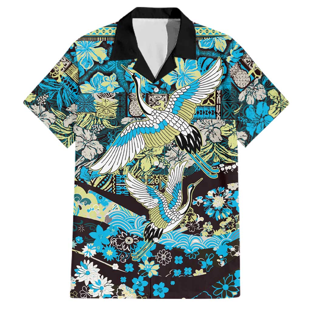 Japanese Hawaiian Crane Family Matching Off The Shoulder Long Sleeve Dress and Hawaiian Shirt Blue Tapa Patchwork Pattern