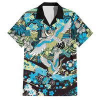 Japanese Hawaiian Crane Family Matching Off The Shoulder Long Sleeve Dress and Hawaiian Shirt Blue Tapa Patchwork Pattern