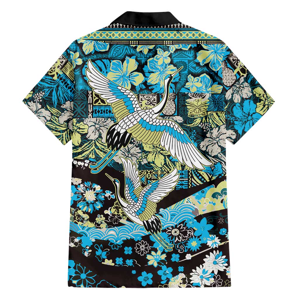 Japanese Hawaiian Crane Family Matching Off The Shoulder Long Sleeve Dress and Hawaiian Shirt Blue Tapa Patchwork Pattern